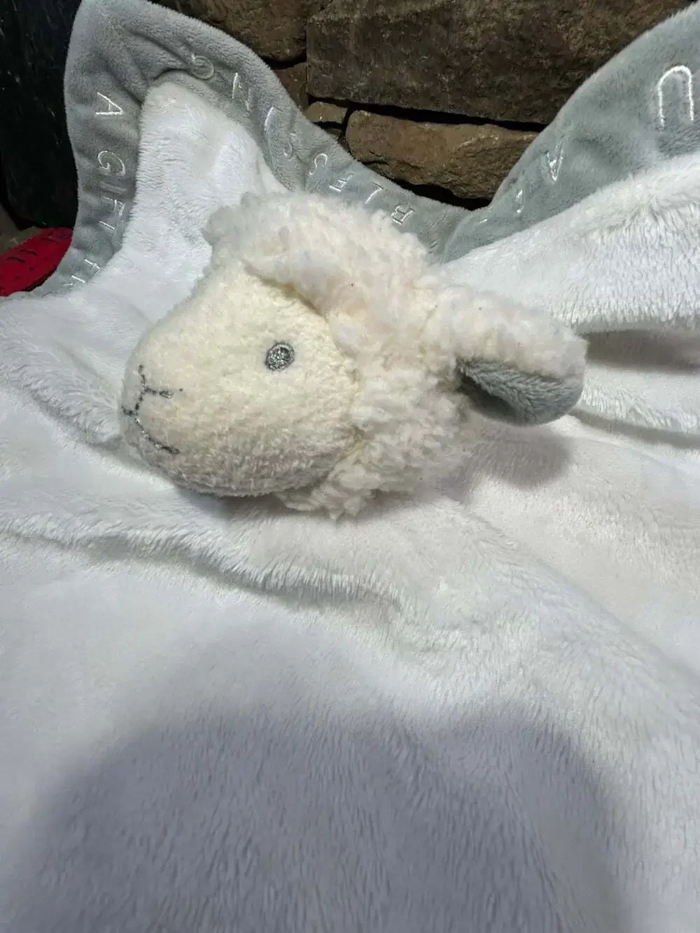 Grasslands Road white lamb sheep lovey with writing on edges